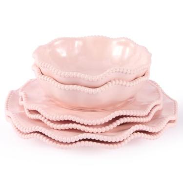 Imagem de Louça de jantar de 12 peças com contas de creme com pratos, tigelas e tigelas, conjuntos de louça de melamina inquebrável, perfeito para ambientes internos e externos – confiável para refeições