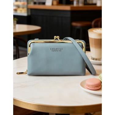 Imagem de Bolsa tiracolo feminina de couro azul claro, suporte de telefone de grande capacidade e bolsa de pulso