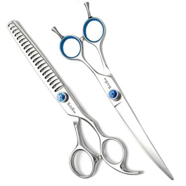 Imagem de Tesoura de cão curva de 7 polegadas para cuidados, tesouras de animais de estimação de aço JP440C afiadas, alça ergonômica, para coelhos gatos rosto orelha rabo pata corte de cabelo