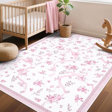 Imagem de GarveeHome Coquette Tapetes de laço rosa e branco para quarto de meninas, 10 x 15 cm para sala de estar com pelo baixo macio, tapete floral lavável rosa para berçário, sala de jogos, dormitório