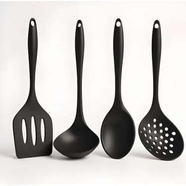 Imagem de Kit 4 Utensílios de Cozinha em Silicone Premium Colher, Espátula, Concha e Escumadeira Resistente ao Calor Antiderrapante Fácil de Limpar Não Risca FONSES (Preto)
