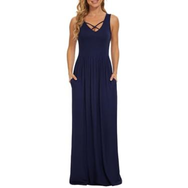 Imagem de LILBETTER Vestidos longos casuais sem mangas com costas nadadoras, soltos, lisos, com bolsos, 02 sem mangas, azul marinho, M