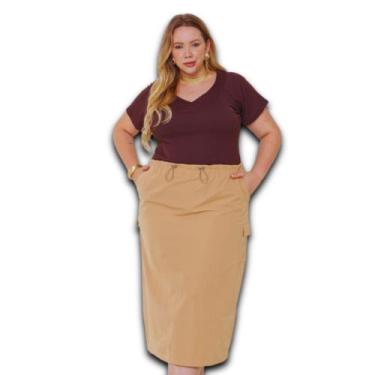 Imagem de Saia Longa Cargo Turin Plus Size com Detalhe Utilitário e Bolso, Caqui