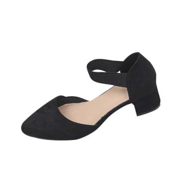 Imagem de Sandálias femininas casuais de salto baixo, bico fino, bico fechado, salto bloco, tira elástica, material flocado, Preto, 38