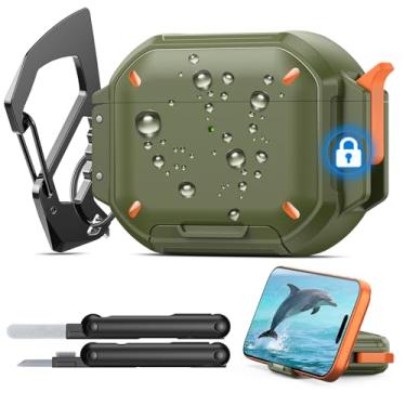 Imagem de MoKo Capa compatível com AirPods Pro 3 com trava segura – Capa IP68 à prova d'água e de nível militar para iPods Pro 3, capa protetora para fones de ouvido Pro 3 com chaveiro, suporte de telefone e
