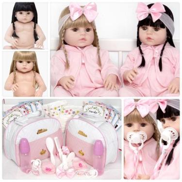 Imagem de Bebê Estilo Reborn Menina Gêmeas Cabelo Longo Bolsa 40 Itens - Cegonha