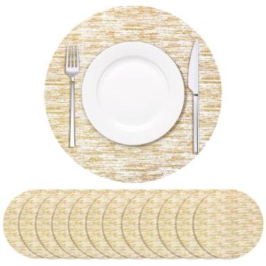 Imagem de Soleebee Pacote com 24 jogos americanos descartáveis, tapetes de mesa redondos finos com listras douradas de 33 cm, jogo americano de mesa para casamento, festa de aniversário, mesa de jantar