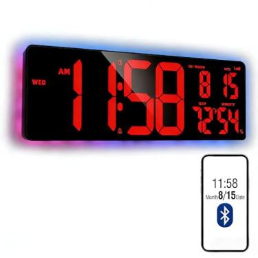 Imagem de TXL Relógio de parede digital vermelho grande com Bluetooth de 42 cm, temporizador de contagem para cima/para baixo com iluminação ambiente, relógio de parede com brilho ajustável para casa