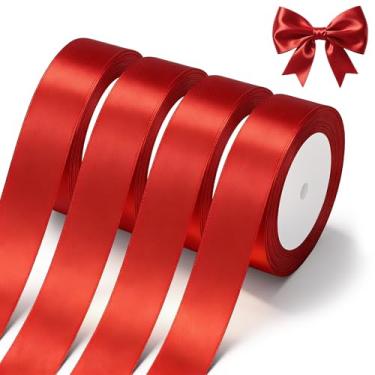Imagem de Fita de cetim vermelha 4 rolos x 2,5 cm fita de tecido de cetim larga vermelha para embalagem de presente, Natal, casamento, buquê de flores, festa de fim de ano, convite