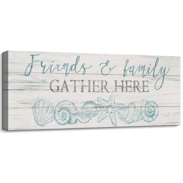 Imagem de pureluca Placa rústica de casa de fazenda amigos e família se reúnem aqui, placas decorativas para casa, citações inspiradoras, arte de parede, concha, azul, estrela-do-mar, concha, tela, para