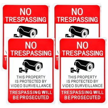 Imagem de Pacote com 4 placas grandes de vigilância por vídeo, 35 x 25 cm, sinal de propriedade privada sem invasão, vermelho e branco, placa de aviso de alumínio refletivo, impermeável, sinais de vigilância