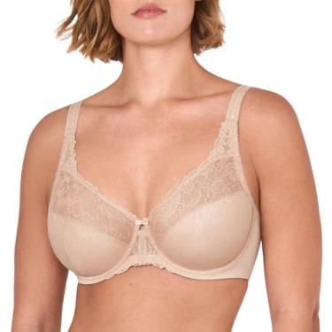 Imagem de DELIMIRA Sutiã de renda feminino tamanho plus size com cobertura total com aro sem linha e minimizador de renda Bege 40G