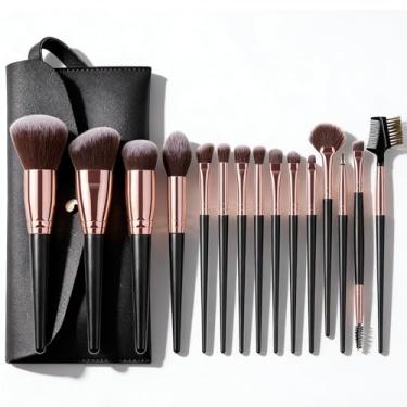 Imagem de Conjunto de 15 pincéis de maquiagem com bolsa de couro PU, pincéis de base em pó para blush para mulheres, preto