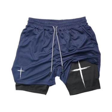 Imagem de Shorts De Corrida Masculinos 2 Em 1 Com Estampa Cruzada, Bolso Para Ce