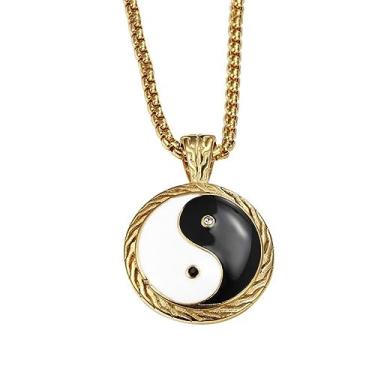 Imagem de Colar com pingente de símbolo taoísta Yin e Yang de aço inoxidável, colar masculino Tai Chi Yoga banhado a ouro 18 K, joia de amuleto com corrente de 61 cm, Aço inoxidável, Sem Pedra Preciosa
