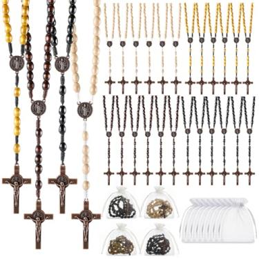 Imagem de Kigeli 36 conjuntos de contas de rosário de madeira para oração religiosa católica com cruz de Jesus bolsa de organza para primeira comunhão batismo homens mulheres presentes