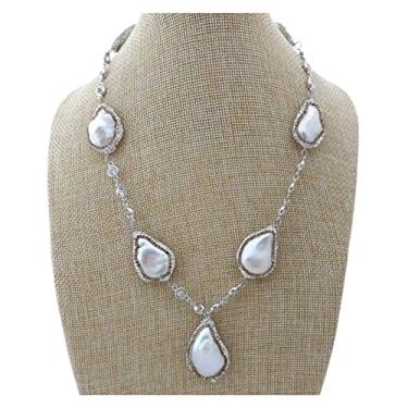 Imagem de DWBPGVUN Colar de corrente banhado a prata com zircônia cúbica Keshi de água doce branca de 48 cm