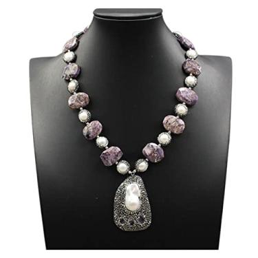 Imagem de DWBPGVUN Colar de contas retangulares de ametista Keshi com pérolas brancas reais pavimentadas roxas Charoites Hilarity