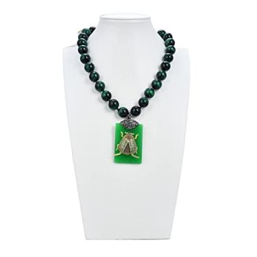 Imagem de DWBPGVUN Colar de pedra joia 12 mm olho de tigre verde retangular pingente de inseto jade verde 45,7 cm