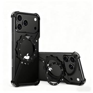 Imagem de HUHUCASE Capa de telefone de titânio natural para iPhone 17 Pro Max de 6,9 polegadas, suporte magnético giratório de 360°, capa à prova de choque em forma de Z com design sem moldura de metal de