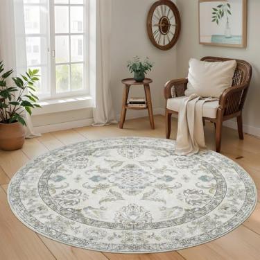 Imagem de Dotiiorug Tapete redondo lavável de 1,8 m, tapete vintage floral de pelo baixo, antiderrapante, antiderrapante, tapete macio e resistente a manchas para sala de estar, quarto, bege e verde sálvia