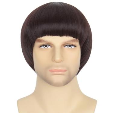 Imagem de Peruca clássica marrom curta reta corte tigela com franja para homens estilo anos 60 cosplay peruca para festa de Halloween