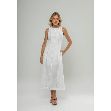 Imagem de Vestido Midi Com Fenda Frontal E Costura Contrastante Branco Salvatore