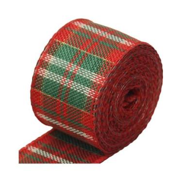 Imagem de Fita De Linho Xadrez Preto, Vermelho E Verde Com Borda Aramada 6M, Pad