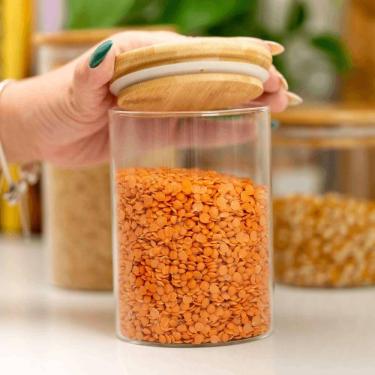 Imagem de Pote De Vidro Porta Mantimentos Hermético Com Tampa De Bambu 520ml - Plasvale Marrom