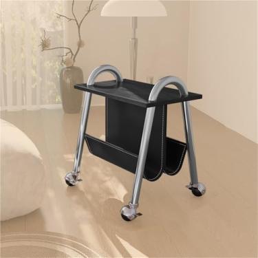 Imagem de Mesa lateral vintage com armazenamento – Carrinho de café móvel, moldura de aço carbono, rodízios giratórios de 360°, design silencioso, trava de freio, mesa de metal para sala de estar e quarto