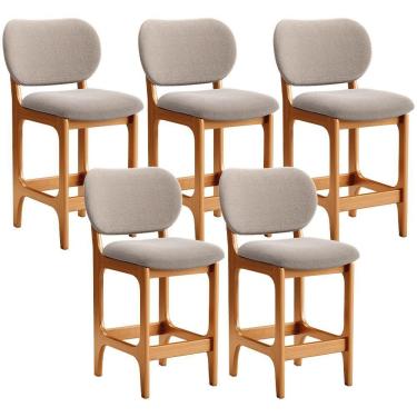 Imagem de Kit 05 Banquetas Baixa Bar Cozinha E Sala De Jantar Fixa Betta L02 Imbuia Bouclê Bege - Lyam Decor