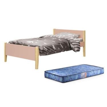 Imagem de Cama Solteiro Simba Rosa Fosco Com Pés Madeira Natural E Colchão D20 - Reller Móveis Rosa Fosco