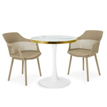 Imagem de Conjunto Mesa De Jantar Redonda Majestic 70cm Branca Com 2 Cadeiras Estofadas Marcela - Nude Escuro