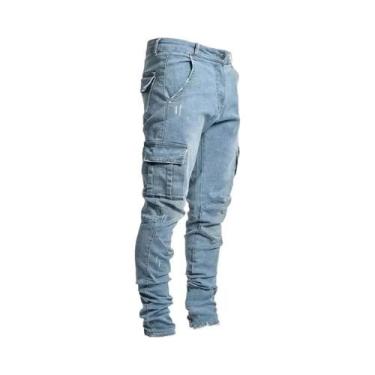 Imagem de Calças Cargo Jeans Slim Fit Masculinas Com Cintura Média, Múltiplos Bo