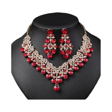 Imagem de Conjunto De Joias De Noiva Com Cristais Vermelhos, Colar, Brincos E Ti