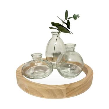 Imagem de Centro de Mesa Moderno Trio De Vasos Vidro e Base Madeira - Mai Home