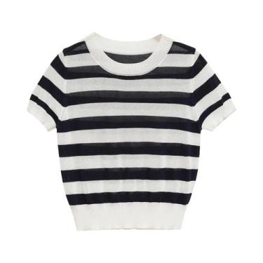 Imagem de Suéter Casual De Malha Listrado Para Mulheres, Camiseta De Manga Curta