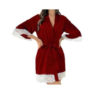 Imagem de Roupão Kimono Elegante De Cetim Com Renda Para Mulheres, Decote Em V, 
