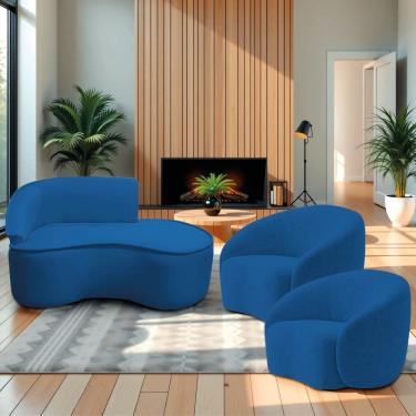 Imagem de Kit Divã Recamier Orgânico Marrocos 150cm Lado Direito E 2 Poltronas Amore Linho Azul Royal
