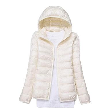 Imagem de Jaqueta Feminina Acolchoada Leve com Capuz Casaco Acolchoado Ultraleve Quente para Outono Inverno Marfim M