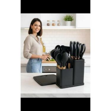 Imagem de Kit Utensílios Silicone Preto 19 Peças Madeira Resistente 32 - Congrat