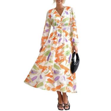 Imagem de Vestido Midi Floral de Manga Longa com Decote em V para Mulheres PRETT