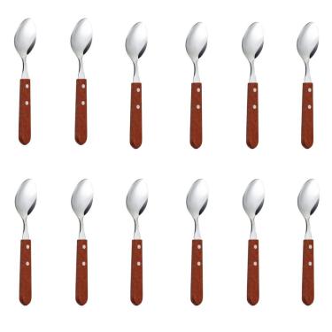 Imagem de Colher de Mesa Kit 12 Peças Aço Inox e Madeira Acabamento Rústico para Jantar Almoço Re...