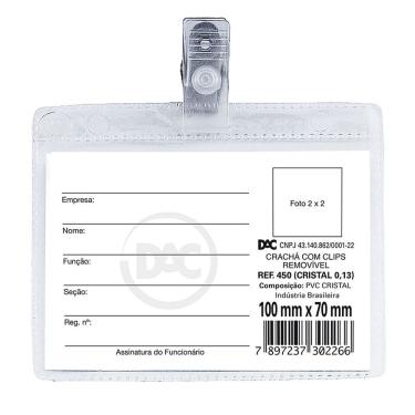 Imagem de Crachá Horizontal DAC 450 com Presilha Removível em PVC Cristal Formato 10 X 7 cm Pacote com 50 Unidades Transparente