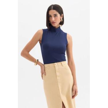 Imagem de Blusa Canelada Sem Manga Slim Gola Alta Feminina Flor De Lis, Azul mar