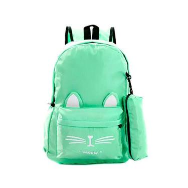 Imagem de Mochila Escolar Feminina de Gatinha Verde Claro Bolsa+Estojo - TOYS 2U