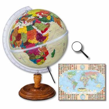 Imagem de Globo Terrestre Histórico Ouro Velho Base Madeira + Mapa Mundi e Lupa 