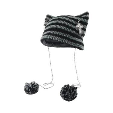 Imagem de Gorro De Malha Y2K Com Orelhas De Gato E Listras Estilo Diabo, Fofo Pa