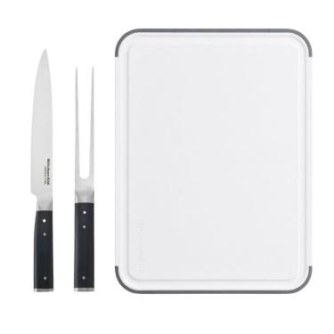Imagem de Conjunto Tábua de Corte Faca e Garfo para Churrasco Polipropileno Antiderrapante com Sulco para Líquidos Cozinha Branco