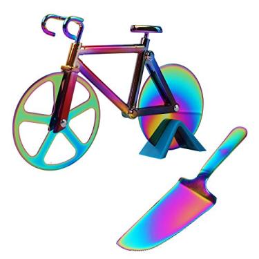 Imagem de Cortador de pizza em forma de bicicleta, cortador de pizza em aço inoxidável Partim com pá e suporte de pizza, antiaderente com roda de corte duplo - utensílios de cozinha frios (cor )